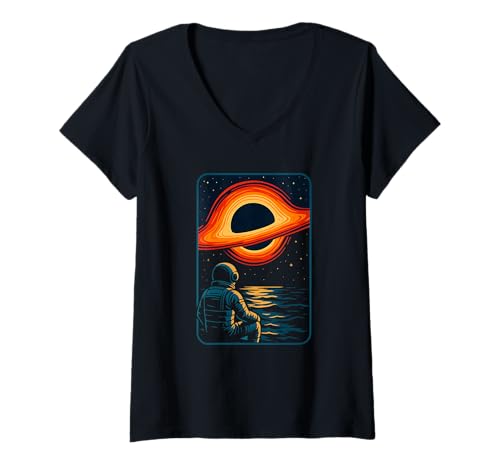 Damen Astronaut beobachtet kosmischen Sonnenuntergang, Liebesraum T-Shirt mit V-Ausschnitt Damen Astronaut beobachtet kosmischen Sonnenuntergang, Liebesraum T-Shirt mit V-Ausschnitt von Logiamerch Space