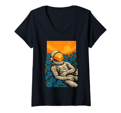 Damen Astronaut entspannt zwischen blauen Rosen und Sonnenuntergang T-Shirt mit V-Ausschnitt Damen Astronaut entspannt zwischen blauen Rosen und Sonnenuntergang T-Shirt mit V-Ausschnitt von Logiamerch Space
