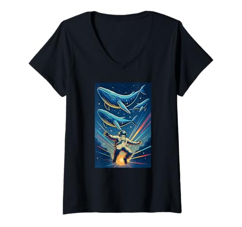 Damen Astronaut im Weltraum mit Walen T-Shirt mit V-Ausschnitt von Logiamerch Space