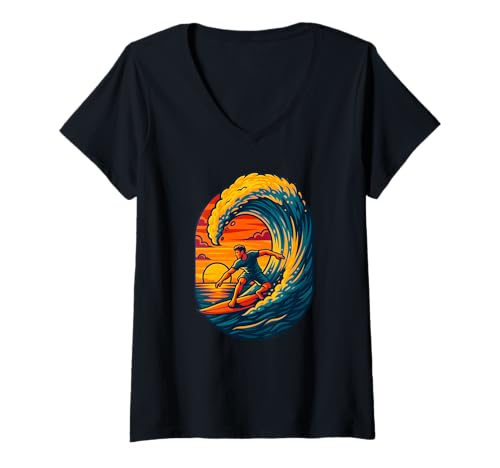 Damen Sunset Wave Rider, Retro Surfen Adventure Art T-Shirt mit V-Ausschnitt Damen Sunset Wave Rider, Retro Surfen Adventure Art T-Shirt mit V-Ausschnitt von Logiamerch Surfing