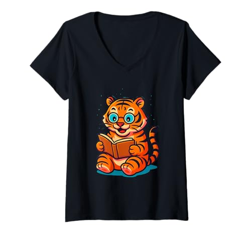 Damen Niedliche Lesetiger-Cartoon-Illustration, Liebes-Tiger T-Shirt mit V-Ausschnitt Damen Niedliche Lesetiger-Cartoon-Illustration, Liebes-Tiger T-Shirt mit V-Ausschnitt von Logiamerch Tiger