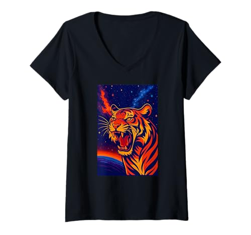 Damen Kunstwerk „Roaring Cosmic Tiger“, Love Tigers T-Shirt mit V-Ausschnitt von Logiamerch Tigers