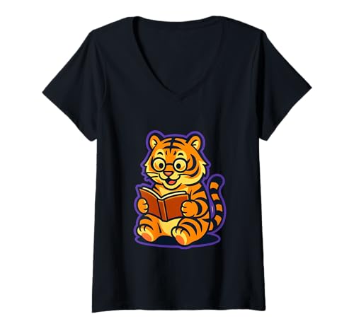 Damen Niedliche Lesetiger-Cartoon-Illustration, Liebes-Tiger T-Shirt mit V-Ausschnitt von Logiamerch Tigers