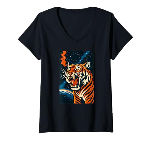 Damen Roaring Tiger Cosmic Artwork, Love Tigers T-Shirt mit V-Ausschnitt von Logiamerch Tigers
