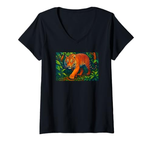 Damen Tiger im Dschungel Wildlife Nature Art Design T-Shirt mit V-Ausschnitt Damen Tiger im Dschungel Wildlife Nature Art Design T-Shirt mit V-Ausschnitt von Logiamerch Tigers