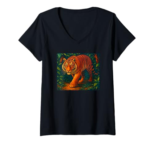 Damen Tiger im Dschungel Wildlife Nature Art Design T-Shirt mit V-Ausschnitt von Logiamerch Tigers