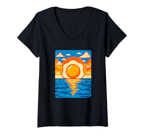 Damen Sunny Side Sunset Egg, Liebe, Strandurlaub T-Shirt mit V-Ausschnitt Damen Sunny Side Sunset Egg, Liebe, Strandurlaub T-Shirt mit V-Ausschnitt von Logiamerch Vacation