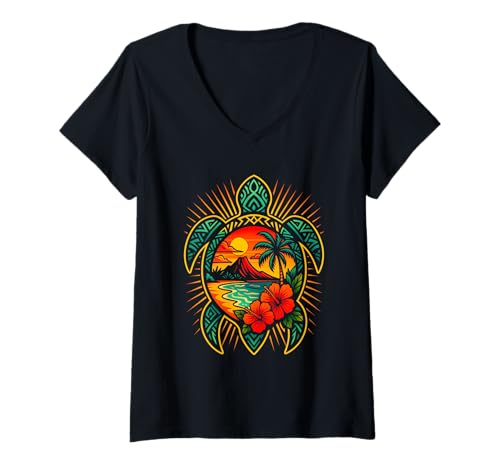 Damen Tropischer Sonnenuntergang Schildkröte, Urlaubskunst T-Shirt mit V-Ausschnitt Damen Tropischer Sonnenuntergang Schildkröte, Urlaubskunst T-Shirt mit V-Ausschnitt von Logiamerch Vacation
