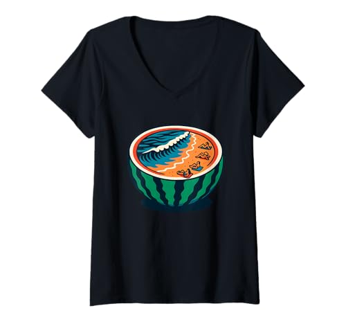 Damen Tropischer Wassermelonen-Strand, Liebesurlaub T-Shirt mit V-Ausschnitt Damen Tropischer Wassermelonen-Strand, Liebesurlaub T-Shirt mit V-Ausschnitt von Logiamerch Vacation