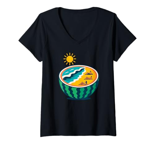 Damen Tropischer Wassermelonen-Strand, Liebesurlaub T-Shirt mit V-Ausschnitt Damen Tropischer Wassermelonen-Strand, Liebesurlaub T-Shirt mit V-Ausschnitt von Logiamerch Vacation