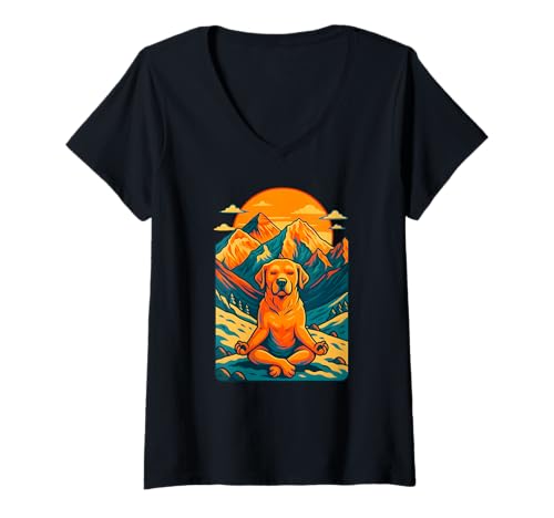 Damen Meditierender Hund mit Sonnenuntergang in den Bergen, Zen Natur Kunst T-Shirt mit V-Ausschnitt Damen Meditierender Hund mit Sonnenuntergang in den Bergen, Zen Natur Kunst T-Shirt mit V-Ausschnitt von Logiamerch Zen