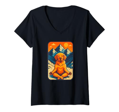 Damen Meditierender Hund mit Sonnenuntergang in den Bergen, Zen Natur Kunst T-Shirt mit V-Ausschnitt Damen Meditierender Hund mit Sonnenuntergang in den Bergen, Zen Natur Kunst T-Shirt mit V-Ausschnitt von Logiamerch Zen