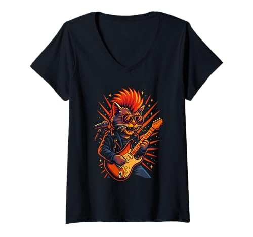 Damen Katze spielt E-Gitarre, Liebe Rockmusik T-Shirt mit V-Ausschnitt Damen Katze spielt E-Gitarre, Liebe Rockmusik T-Shirt mit V-Ausschnitt von Logiamerch