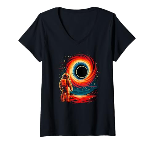 Damen Kosmischer Astronaut, der in die Weltraumkunst starrt T-Shirt mit V-Ausschnitt Damen Kosmischer Astronaut, der in die Weltraumkunst starrt T-Shirt mit V-Ausschnitt von Logiamerch