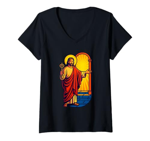 Damen Strahlender Jesus hält Schlüssel Illustration, christliches Kunstdesign T-Shirt mit V-Ausschnitt Damen Strahlender Jesus hält Schlüssel Illustration, christliches Kunstdesign T-Shirt mit V-Ausschnitt von Logiamerch