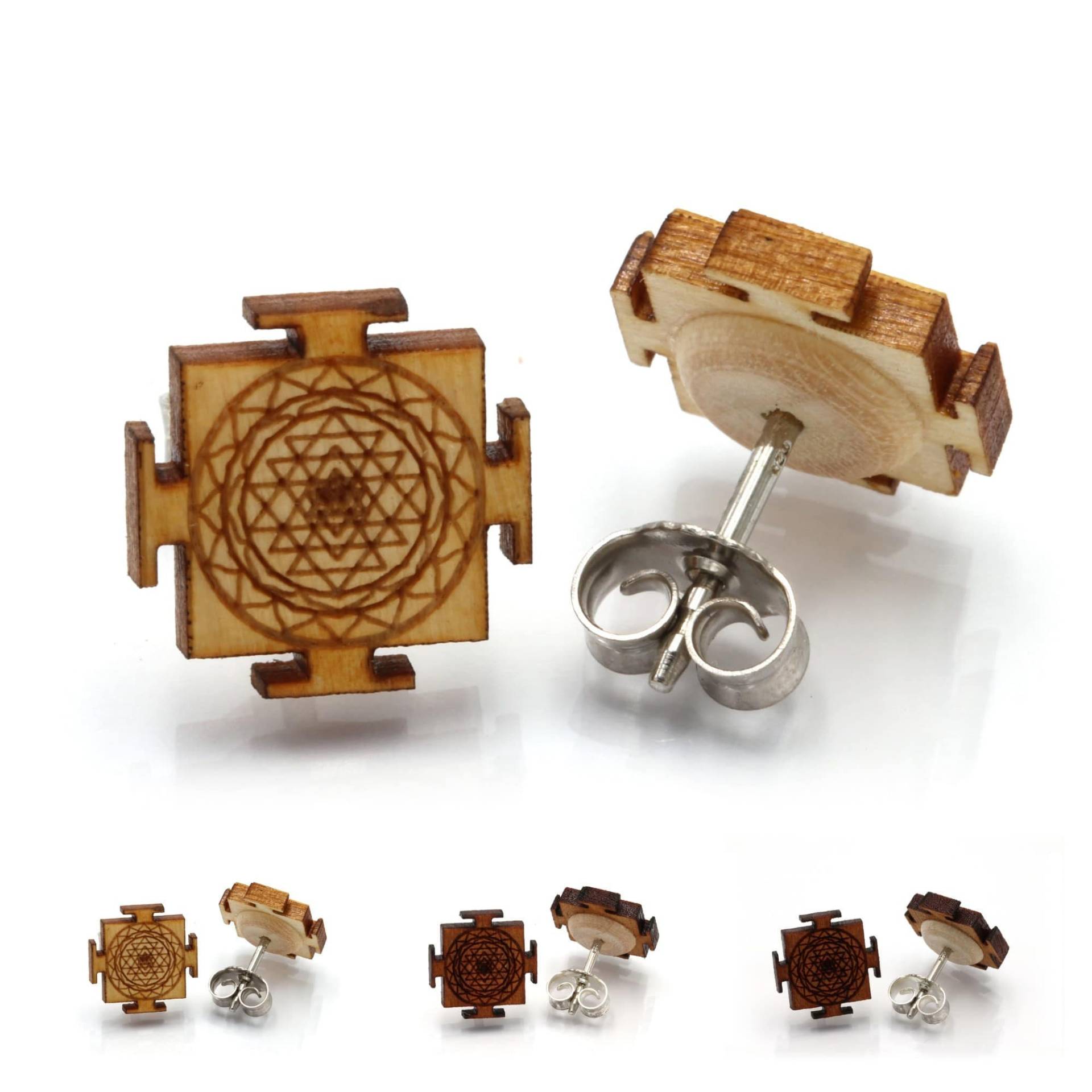Sri Yantra - Miriquidi Holz Ohrstecker | Paar Verschiedene Holzarten 925Er Silber | Rhodiniert Ahorn/Kirsch Nussholz Sri Yantra - Miriquidi Holz Ohrstecker | Paar Verschiedene Holzarten 925Er Silber | Rhodiniert Ahorn/Kirsch Nussholz von LogoGlas