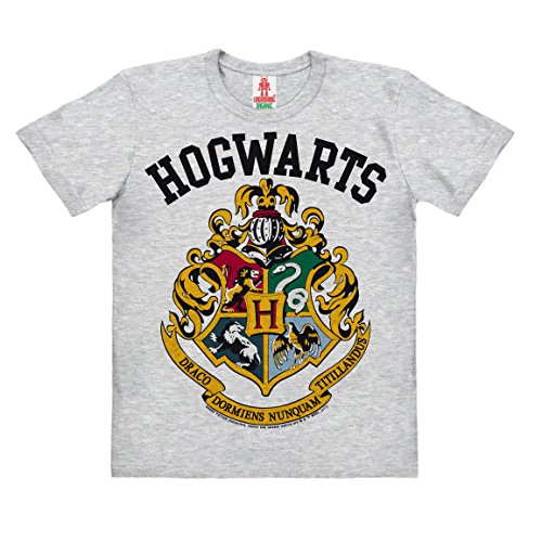 Logoshirt®️ Harry Potter I Hogwarts I Logo I Bio T-Shirt Print I Kinder I Mädchen & Jungen I kurzärmlig I grau-meliert I Lizenziertes Originaldesign I Größe 104 von Logoshirt