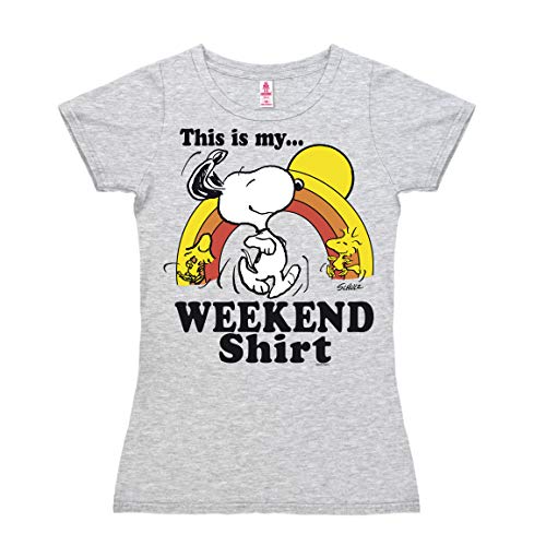 Logoshirt® Peanuts I Snoopy und Woodstock I Weekend Shirt I T-Shirt Print I Damen I kurzärmlig I grau-meliert I Lizenziertes Originaldesign I Größe M von Logoshirt