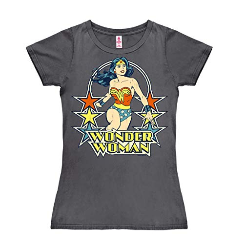 Logoshirt® DC Comics I Wonder Woman I Stars I T-Shirt Print I Damen I kurzärmlig I dunkelgrau I Lizenziertes Originaldesign I Größe S von Logoshirt