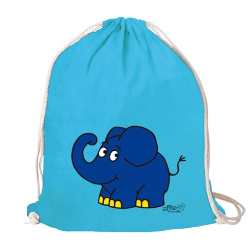 Logoshirt® Die Sendung mit der Maus I Elefant I Happy I Turnbeutel I Stoffbeutel I Stoffrucksack I Bedruckt I blau I AZO-Free I Stabiler Kordelzug I Lizenziertes Design von Logoshirt