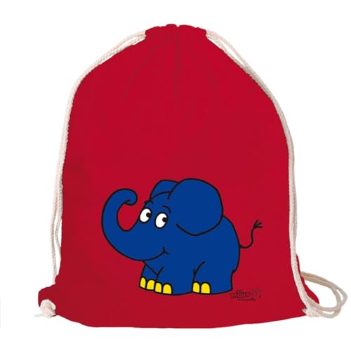 Logoshirt® Die Sendung mit der Maus I Elefant I Happy I Turnbeutel I Stoffbeutel I Stoffrucksack I Bedruckt I rot I AZO-Free I Stabiler Kordelzug I Lizenziertes Design von Logoshirt