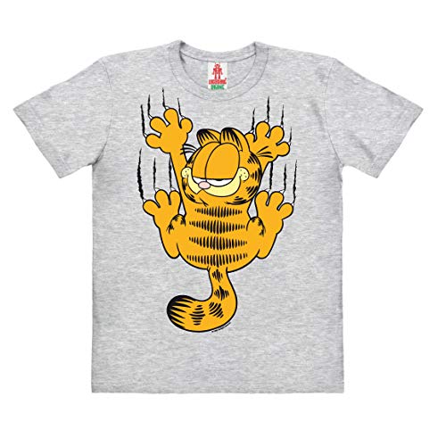 Logoshirt®️ Garfield I Kater Garfield I Bio T-Shirt Print I Kinder I Mädchen & Jungen I kurzärmlig I grau-meliert I Lizenziertes Originaldesign I Größe 176 von Logoshirt