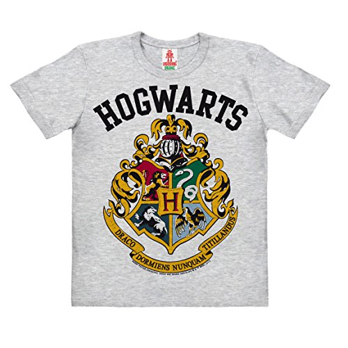 Logoshirt®️ Harry Potter I Hogwarts I Logo I Bio T-Shirt Print I Kinder I Mädchen & Jungen I kurzärmlig I grau-meliert I Lizenziertes Originaldesign I Größe 116 von Logoshirt