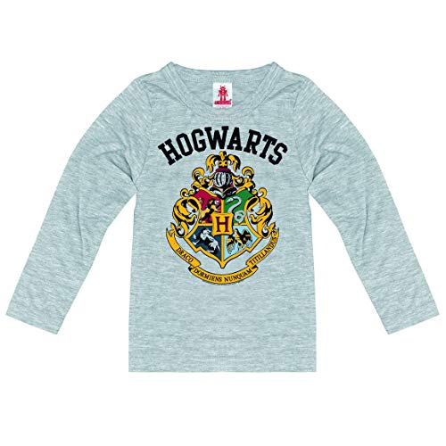 Logoshirt® Harry Potter I Hogwarts I Wappen I Logo I Langarmshirt Print I Kinder I Mädchen & Jungen I grau-meliert I Lizenziertes Originaldesign I Größe 116 von Logoshirt