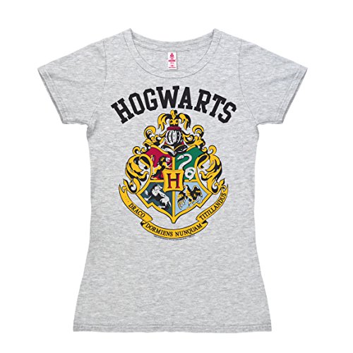 Logoshirt® Harry Potter I Hogwarts Wappen I Logo I T-Shirt Print I Damen I kurzärmlig I grau-meliert I Lizenziertes Originaldesign I Größe M von Logoshirt