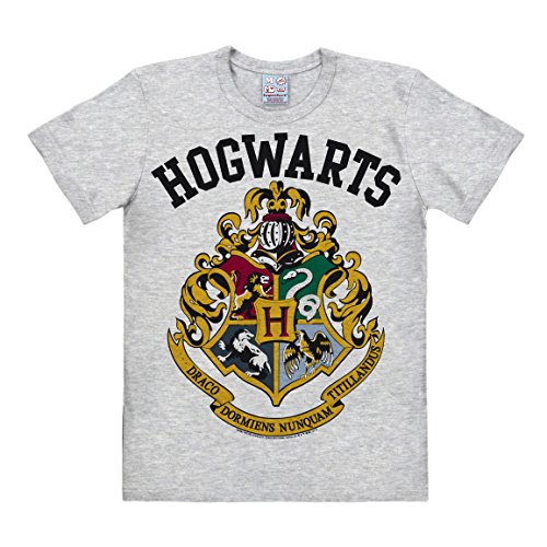 Logoshirt® Harry Potter I Hogwarts Wappen I T-Shirt Print I Damen & Herren I kurzärmlig I grau meliert I Lizenziertes Originaldesign I Größe S von Logoshirt