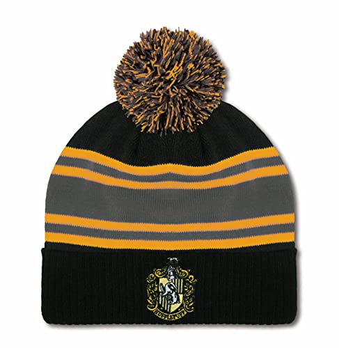 Logoshirt®️ Harry Potter I Hufflepuff I Logo I Bommelmütze I Winter I Damen & Herren I gestrickt I Bestickt I schwarz/grau/gelb I Lizenziertes Originaldesign von Logoshirt