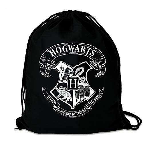 Logoshirt® Harry Potter I Hogwarts I Logo Weiss I Turnbeutel I Stoffbeutel I Stoffrucksack I Bedruckt I schwarz I AZO-Free I Stabiler Kordelzug I Lizenziertes Design von Logoshirt