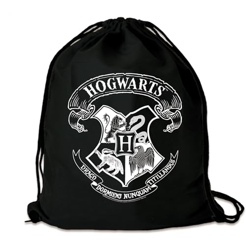 Logoshirt® Harry Potter I Hogwarts I Logo Weiss I Stoffbeutel I bedruckt I schwarz I AZO-free I stabiler Kordelzug I Lizenziertes Design von Logoshirt