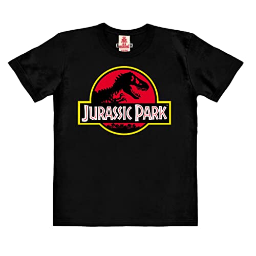Logoshirt®️ Jurassic Park I T-Rex I Logo I Bio T-Shirt Print I Kinder I Mädchen & Jungen I kurzärmlig I schwarz I Lizenziertes Originaldesign I Größe 116 von Logoshirt