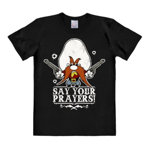 Logoshirt® Looney Tunes I Yosemite Sam I Cowboy I Say Your Prayers I T-Shirt Print I Damen & Herren I kurzärmlig I schwarz I Lizenziertes Originaldesign I Größe L von Logoshirt