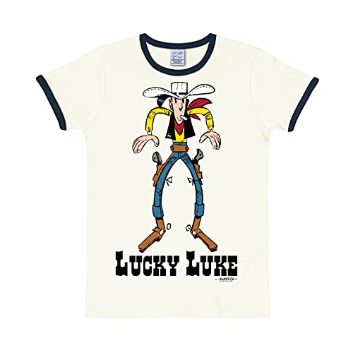 Logoshirt® Lucky Luke I Showdown I T-Shirt Print I Damen & Herren I kurzärmlig I Weiss/dunkelblau I Lizenziertes Originaldesign I Größe L von Logoshirt