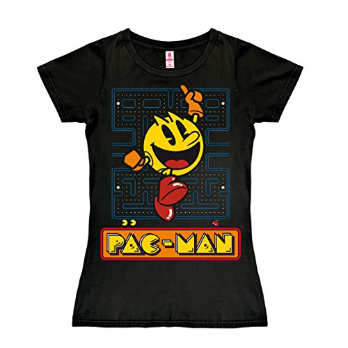 Logoshirt® Pac-Man I Jumping I T-Shirt Print I Damen I kurzärmlig I schwarz I Lizenziertes Originaldesign I Größe S von Logoshirt