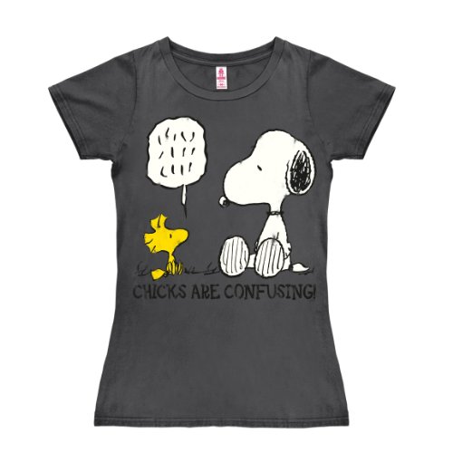 Logoshirt® Peanuts I Snoopy und Woodstock I Chicks Are Confusing I T-Shirt Print I Damen I kurzärmlig I dunkelgrau I Lizenziertes Originaldesign I Größe S von Logoshirt