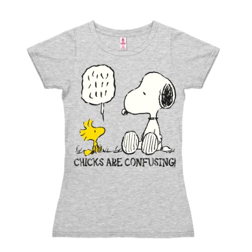 Logoshirt® Peanuts I Snoopy und Woodstock I Chicks Are Confusing I T-Shirt Print I Damen I kurzärmlig I grau-meliert I Lizenziertes Originaldesign I Größe XS von Logoshirt