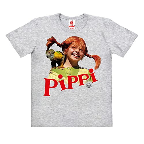 Logoshirt®️ Pippi Langstrumpf I Herr Nilsson I Bio T-Shirt Print I Kinder I Mädchen & Jungen I kurzärmlig I grau-meliert I Lizenziertes Originaldesign I Größe 164 von Logoshirt