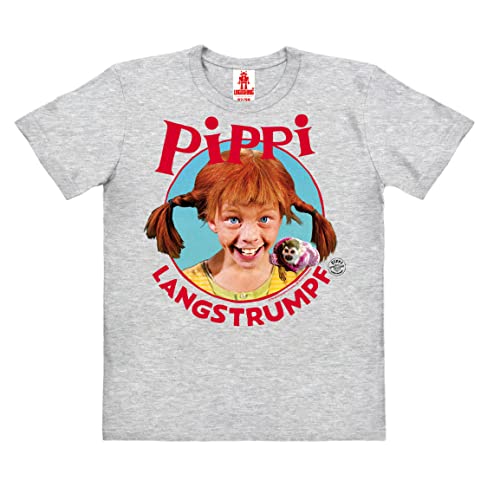 Logoshirt®️ Pippi Langstrumpf I Portrait I Bio T-Shirt Print I Kinder I Mädchen & Jungen I kurzärmlig I grau-meliert I Lizenziertes Originaldesign I Größe 116 von Logoshirt