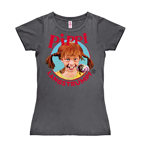 Logoshirt® Pippi Langstrumpf I Portrait I T-Shirt Print I Damen I kurzärmlig I dunkelgrau I Lizenziertes Originaldesign I Größe S von Logoshirt