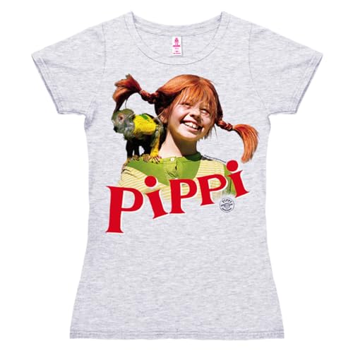 Logoshirt® Pippi Langstrumpf & Herr Nilsson I T-Shirt Print I Damen I kurzärmlig I grau-meliert I Lizenziertes Originaldesign I Größe S von Logoshirt