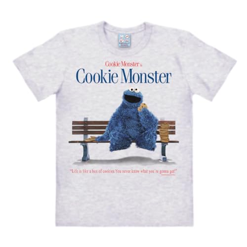 Logoshirt® Sesamstrasse I Krümelmonster I Bank I Life is Like A Box of Cookies I T-Shirt Print I Damen & Herren I kurzärmlig I grau-meliert I Lizenziertes Originaldesign I Größe M von Logoshirt