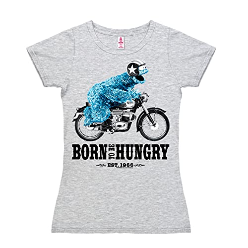 Logoshirt® Sesamstrasse I Krümelmonster I Motorrad I Born to Be Hungry I T-Shirt Print I Damen I kurzärmlig I grau-meliert I Lizenziertes Originaldesign I Größe XS von Logoshirt