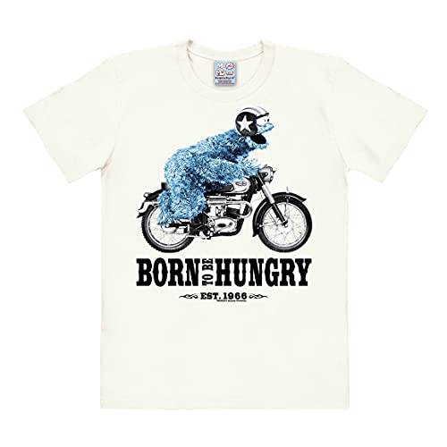 Logoshirt® Sesamstrasse I Krümelmonster I Motorrad I Born to Be Hungry I T-Shirt Print I Damen & Herren I kurzärmlig I Weiss I Lizenziertes Originaldesign I Größe 3XL von Logoshirt
