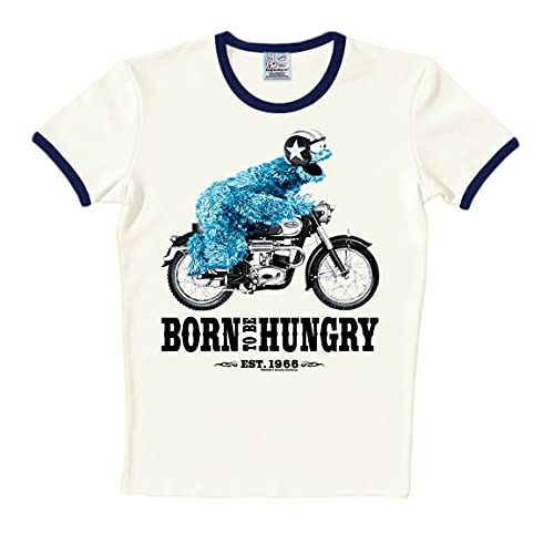 Logoshirt® Sesamstrasse I Krümelmonster I Motorrad I Born to Be Hungry I T-Shirt Print I Damen & Herren I kurzärmlig I Weiss I Lizenziertes Originaldesign I Größe XXL von Logoshirt
