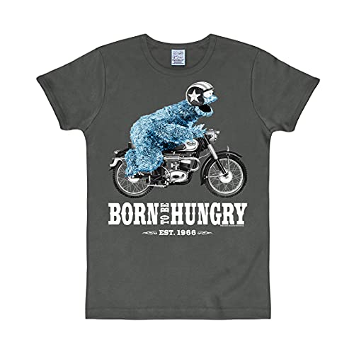 Logoshirt® Sesamstrasse I Krümelmonster I Motorrad I Born to Be Hungry I T-Shirt Print I Damen & Herren I kurzärmlig I dunkelgrau I Lizenziertes Originaldesign I Größe M von Logoshirt