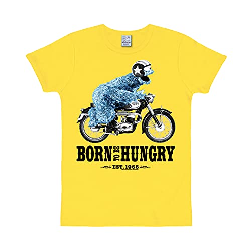Logoshirt® Sesamstrasse I Krümelmonster I Motorrad I Born to Be Hungry I T-Shirt Print I Damen & Herren I kurzärmlig I gelb I Lizenziertes Originaldesign I Größe L von Logoshirt