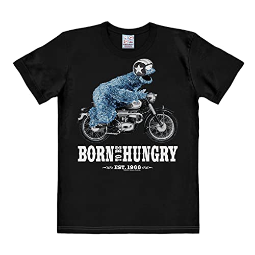 Logoshirt® Sesamstrasse I Krümelmonster I Motorrad I Born to Be Hungry I T-Shirt Print I Damen & Herren I kurzärmlig I schwarz I Lizenziertes Originaldesign I Größe XS von Logoshirt